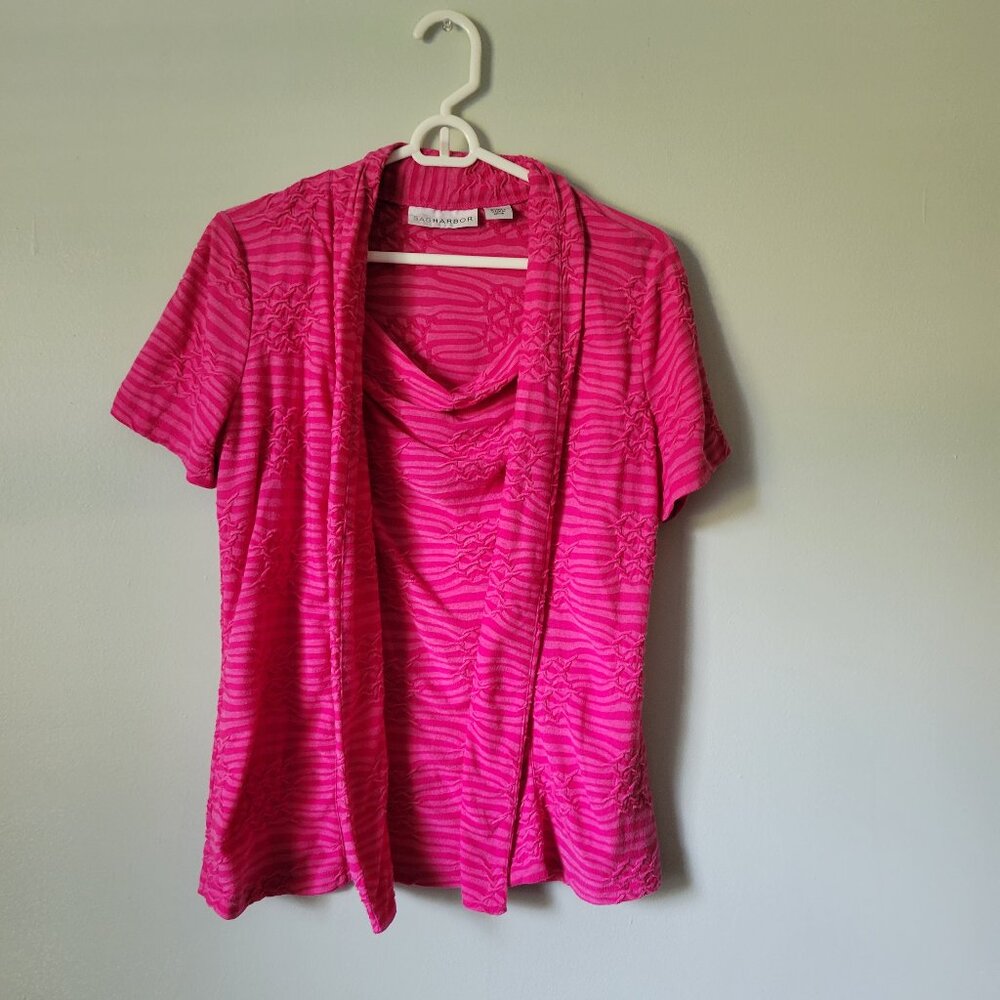 Sag Harbor Pink Women's Small Layered Sweater Blouse Striped Short Sleeve Cowl